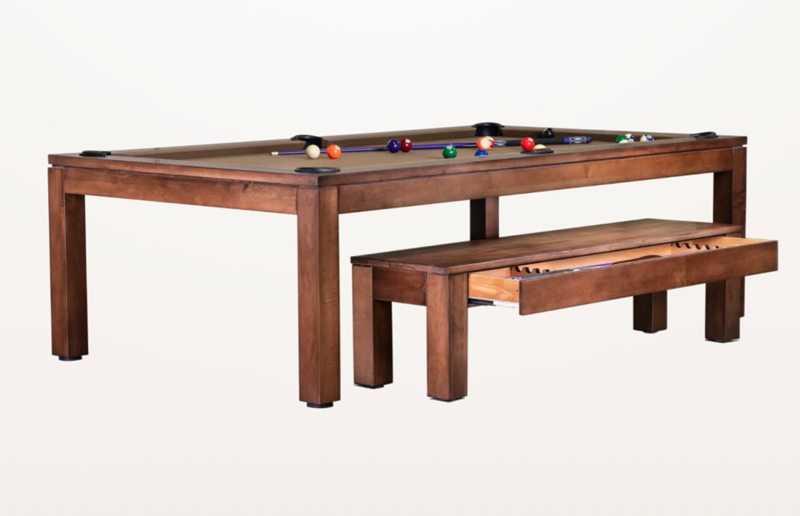 Rustic wood convertible dining pool table paired with a matching wooden seating bench containing built-in cue accessory storage.