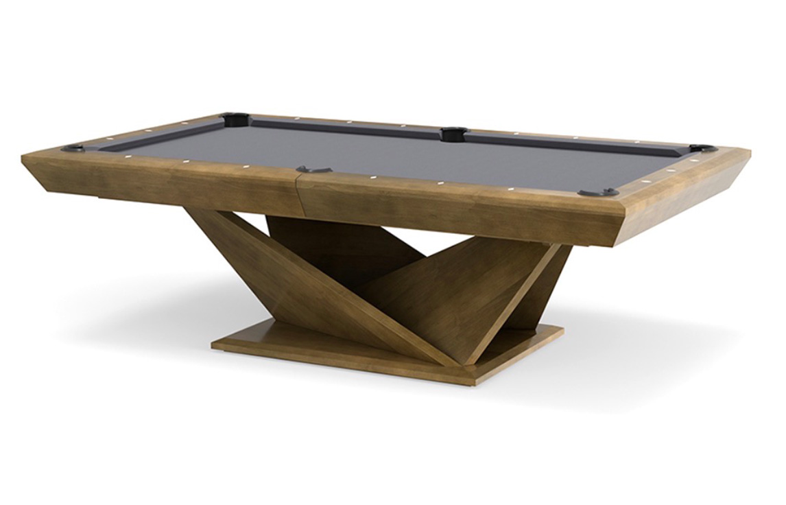 Custom modern pool table with a angular geometric wooden pedestal base and charcoal grey felt top.
